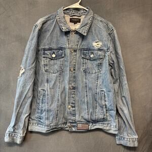 Pac Sun Denim Jacket Los Angeles Roses Embroidered Distressed Patches Streetwear